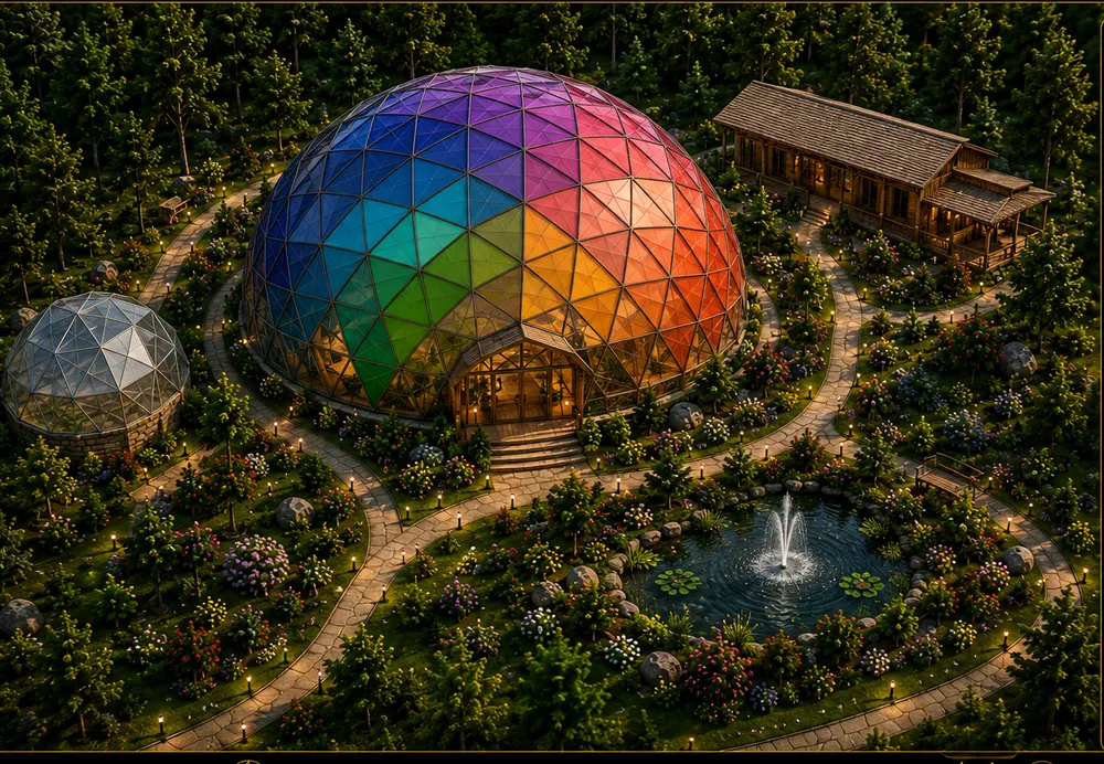 Concept view of the proposed Rainbow Community Dome: a large geodesic dome with multicolored glazed panels next to a long timber building, with gardens, footpaths and a pond around it.