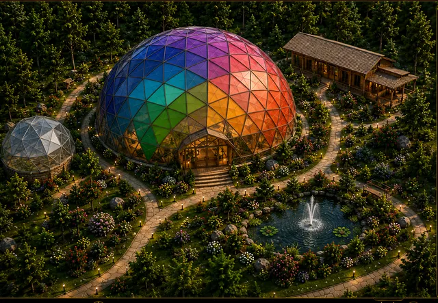Concept view of a large geodesic dome with multicolored glazed panels beside a long timber building, surrounded by gardens, paths and a pond.