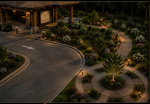 Concept view of the campus entrance: a timber gatehouse beside a road, with planted beds and a lit footpath curving away from it.