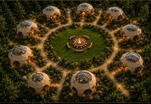 Concept view of small dwellings arranged in a ring around a central green and fire circle, joined by lit footpaths through woodland.