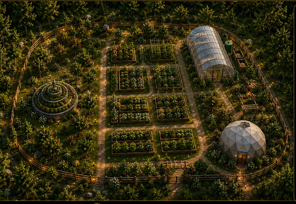 Aerial concept view of the planned food forest and gardens: rows of raised beds, an orchard grid, a greenhouse and a spiral herb garden set in woodland.