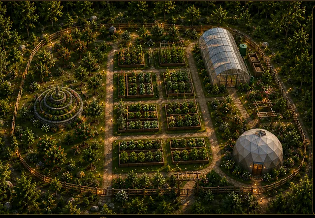 Aerial concept view of cultivated ground: orchard rows, rectangular raised beds, a greenhouse and a spiral herb garden inside a ring of trees.