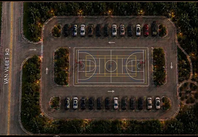Overhead concept view of a marked outdoor court with basketball hoops at each end, bordered by parking bays and trees.