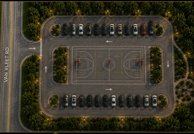 Overhead concept view of a parking area with marked bays and one-way circulation lanes off Van Vleet Road.