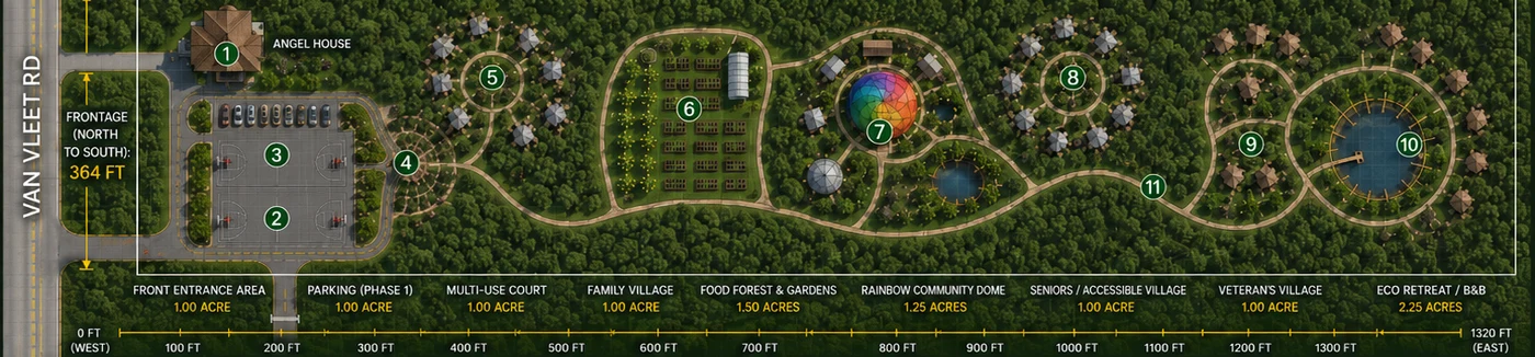 Aerial band of the conceptual master site plan, running west to east from Van Vleet Road: the front entrance, parking and multi-use court at the road end, then the Family Village, Food Forest and Gardens, Rainbow Community Dome, Seniors and Accessible Village, Veterans Village, and the future retreat zone at the far end, linked throughout by a forest walking path.