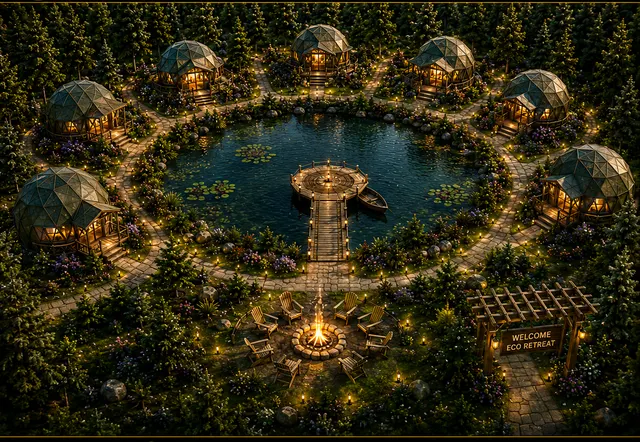Concept view of small structures around a pond with a central deck and fire circle, set deep in woodland.