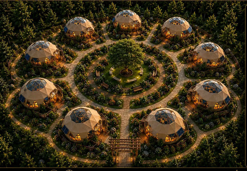 Concept view of single-storey dwellings around a green, with wide level paths between them.
