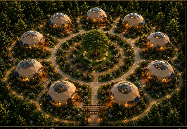 Concept view of single-storey dwellings set around a central green with wide, gently graded paths connecting them.