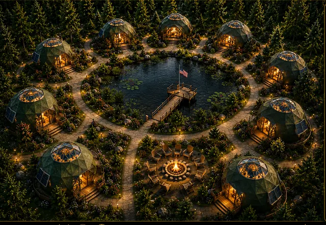 Concept view of cabins arranged around a pond and central gathering area, linked by lit footpaths through trees.