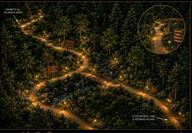 Concept view of lit trails winding through woodland, crossing a small bridge and branching toward separate areas of the campus.